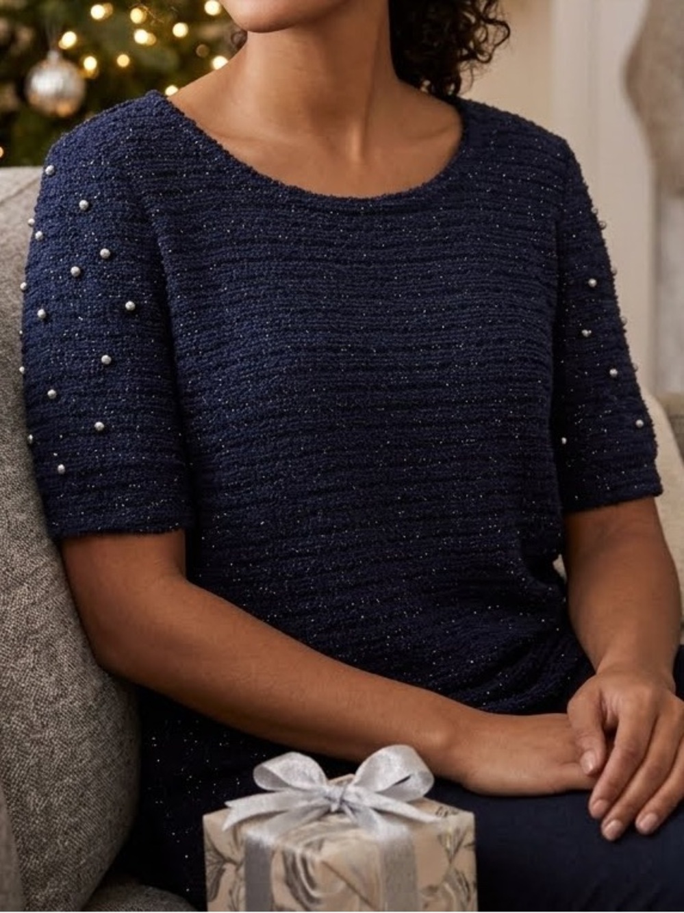 Splash Navy Silver Metallic Fleck Boucle Knit Top 14